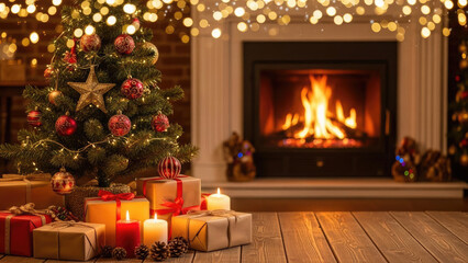 Cozy christmas scene with tree and fireplace