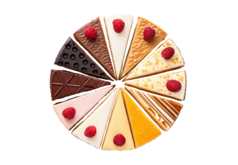 Variety of cheesecake wedges displayed in wheel formation with raspberries and chocolate, isolated on a transparent background