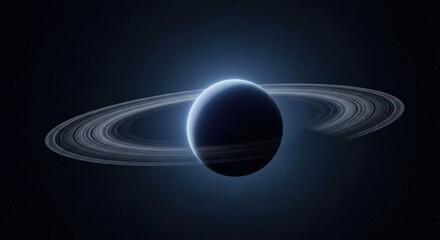 Ringed planet in deep space.  Faint light highlights the planet and rings