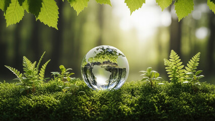 Crystal ball representing earth in a lush green forest