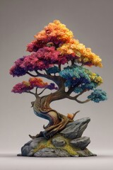 Colorful Bonsai Tree on Rock Formation Display Piece