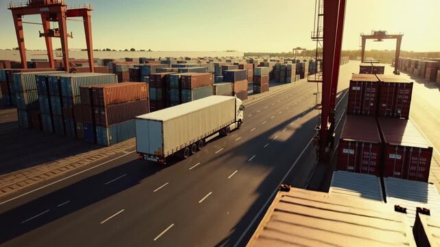 Aerial Tracking Shot of Semi Truck Driving Through an Container Terminal, Passing Stacks of Cargo and Red Cranes, Efficient Freight Movement, Port Infrastructure, Logistics in Golden Hour Light.