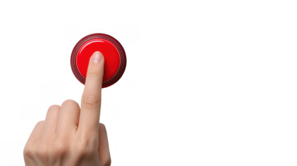 Finger is pushing a large, red emergency button on a white panel, set against a transparent background, ready for easy isolation and use in various projects