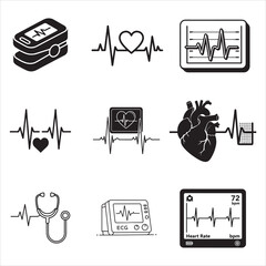 Hospital heartbeat monitor line art black medical vector