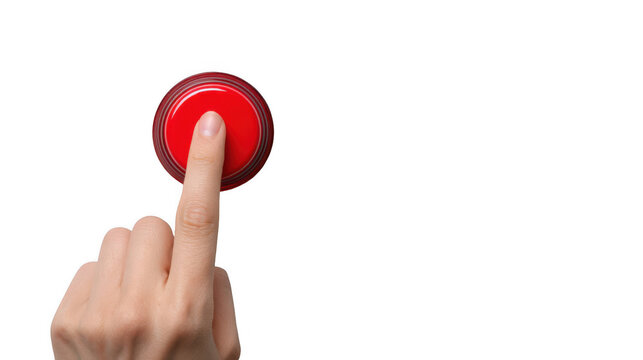 Finger is pushing a large, red emergency button on a white panel, set against a transparent background, ready for easy isolation and use in various projects