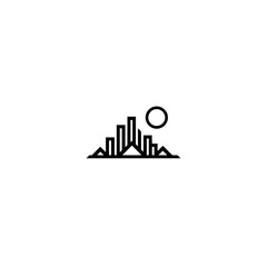 Minimalist Urban Skyline with Sun Icon - Modern Line Art Cityscape Design Element