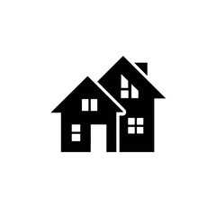 Fototapeta premium Simple Black and White Vector Icon of Two Houses, Home, Real Estate, Property, Neighborhood, or Residential Building Symbol