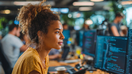 woman coding in modern tech office, female developer collaborating in innovative workspace, diverse tech team programming in creative office