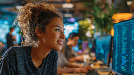 woman coding in modern tech office, female developer collaborating in innovative workspace, diverse tech team programming in creative office