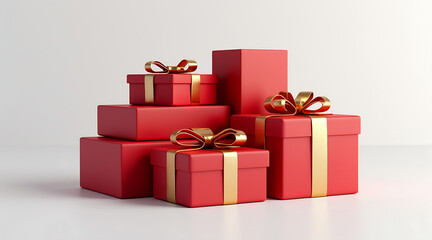 Obraz premium Red gift box red present gold ribbon holiday gift stacked boxes minimalist render festive decoration product mockup