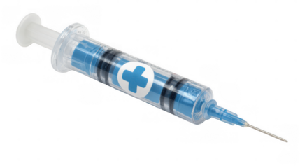 Pediatric syringe decorated with colorful heart shapes promoting child friendly healthcare. Isolated on a transparent background. Emphasizing ease of use and positive medical experiences for children
