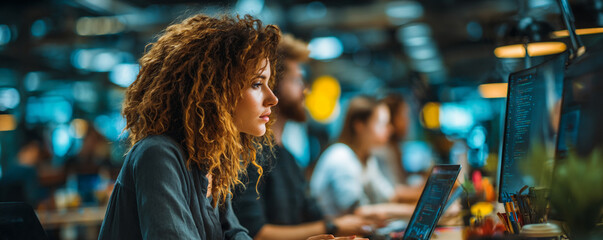 woman coding in modern tech office, female developer collaborating in innovative workspace, diverse tech team programming in creative office