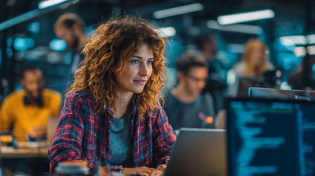 woman coding in modern tech office, female developer collaborating in innovative workspace, diverse tech team programming in creative office - Powered by Adobe