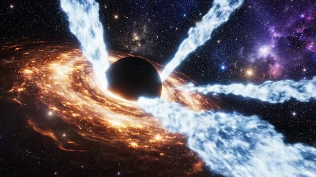 A massive black hole devours a swirling accretion disk of fiery gas, launching powerful white jets into the star-filled cosmos.