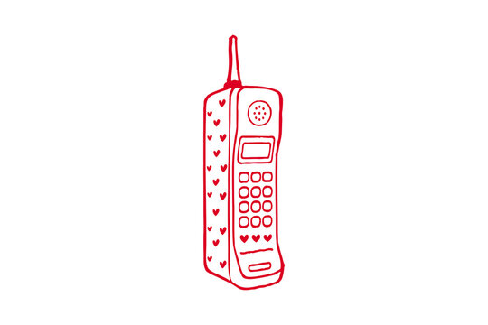 Vintage Brick Mobile Phone with Heart Buttons Line Art Valentine Design