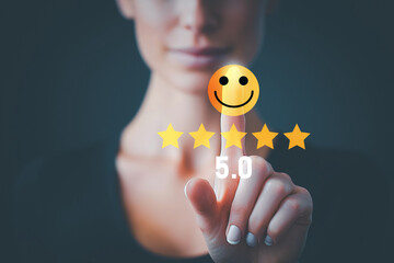 Customer satisfaction concept with five star rating and smiley icon, quality service review, feedback evaluation and positive user experience in business.