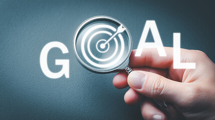 Magnifying glass with goal digital target icon, data driven strategy, business analysis and innovation.