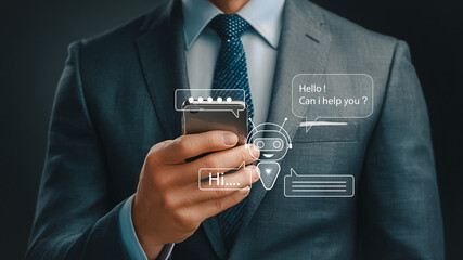Businessman with AI chatbot customer support concept on smartphone screen, automated messaging service, virtual assistant helping users with online communication.