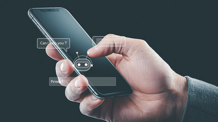 Hand holding smartphone with AI chatbot interface, artificial intelligence assistant helping user via mobile chat, customer support and digital communication concept.