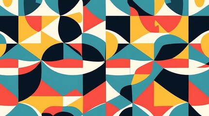 Colorful abstract shapes form a geometric pattern with curved and angular pieces blending into a vibrant and dynamic visual composition