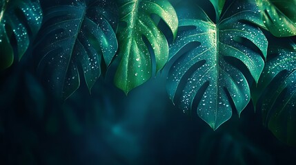 Wet Monstera Leaves Tropical Rainforest Closeup.