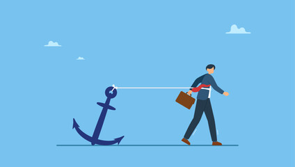 Stress businessman trying hard to run forward with heavy anchor. Career burden, held back or no career path in work, anchoring behavioral finance or hard work and struggle in business. © Saklarboy