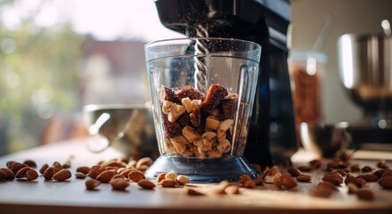 Healthy food preparation with nuts and blending process.