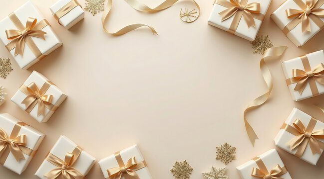 Elegant gift box arrangement with satin ribbon and festive snowflake decorations creating warm celebratory mood