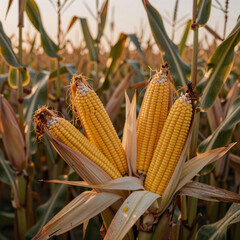 A golden cornfield at sunset, showcasing a summer harvest of fresh corn cobs