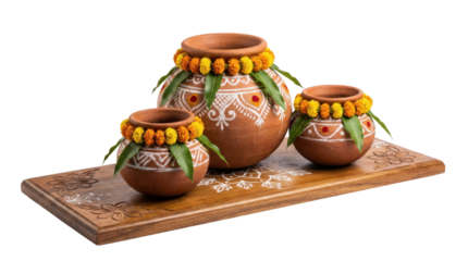 Pongal festival shows three decorated earthen pots arranged on a wooden tray with visible designs and colours no background