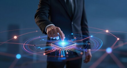 Businessman Interacting with Futuristic Digital Network Interface