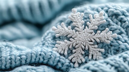 White snowflake on blue knitted winter background.