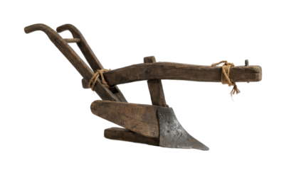 Pongal festival shows an isolated antique agricultural hand plow with metal blade and wooden handles on a white png with transparency