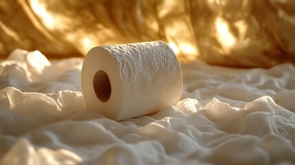 White Toilet Paper Roll on Soft Fabric Warm Light.