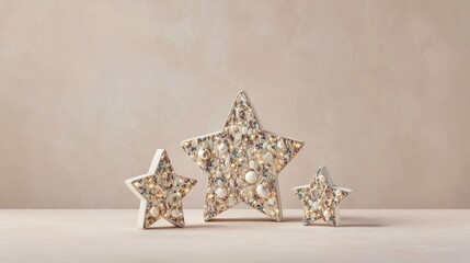 three stars made of white wood with led lights and christmas decorations inside