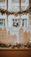 white window sill with paper houses and lights, greenery decoration