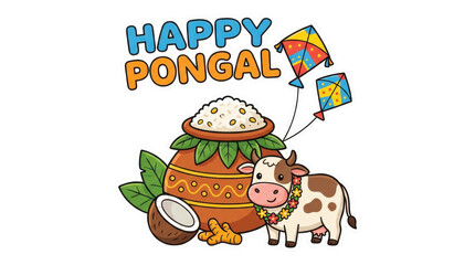 Naklejka premium Pongal festival image shows happy pongal text with a pot, cow, and other festive elements transparent background and plain white background