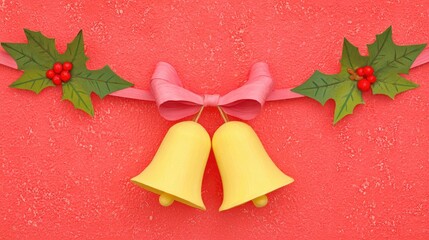 yellow paper bells with holly leaves and a bow hanging on the wall