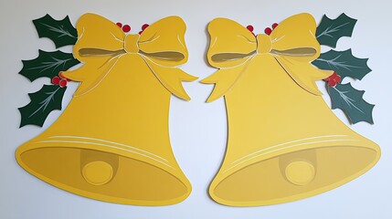 yellow paper bells with holly leaves and a bow hanging on the wall