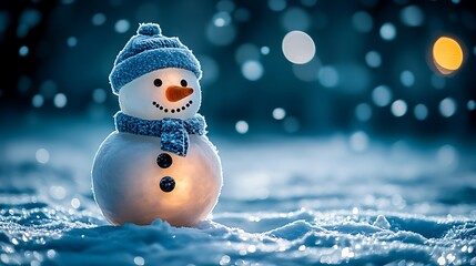 Winter Snowman Glowing in Fresh Snow  Bokeh Lights.