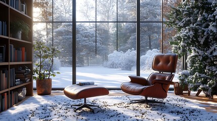 Winter Cozy Living Room View Snowy Forest Sunlight.