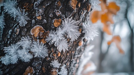 Winter frost crystals on tree bark.