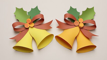 yellow paper bells with holly leaves and a bow hanging on the wall