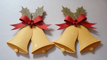 yellow paper bells with holly leaves and a bow hanging on the wall