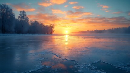 Winter Sunrise Frozen Lake Scenic Landscape.