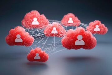 Connected clouds with people icons, data sharing, teamwork, and networking.