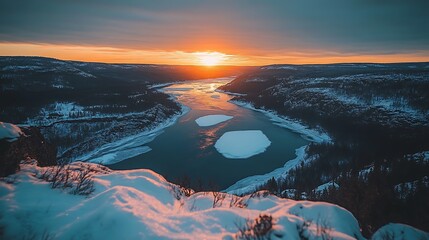 Winter Sunset Over Frozen River Valley.