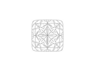 Gray line art of a rounded rectangle with an ornate cruciform geometric pattern