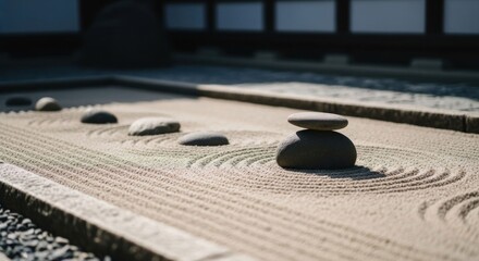 Zen garden with meticulously arranged stones and sand patterns
