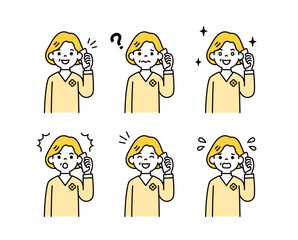 スマートフォンで通話する、様々な表情の中高年の女性の上半身ベクターイラスト素材セット